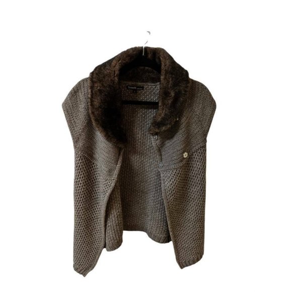 Berretti Womens Italian Sleeveless Cardigan Sweater Brown Faux Fur Collar Size S - Picture 2 of 12